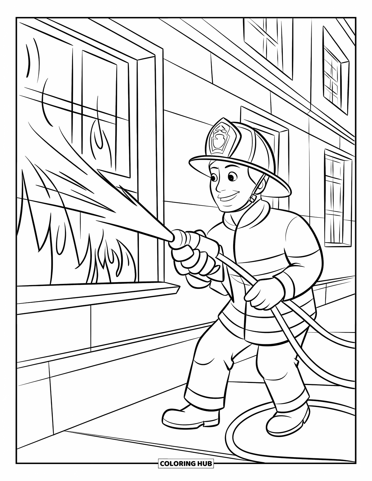Fireman Coloring Page for Kids: A firefighter sprays water on bright flames pouring from a window
