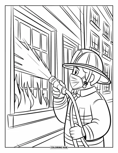 Disegno di pompiere da colorare per bambini: Un pompiere spruzza acqua attraverso una finestra fumosa per spegnere il fuoco