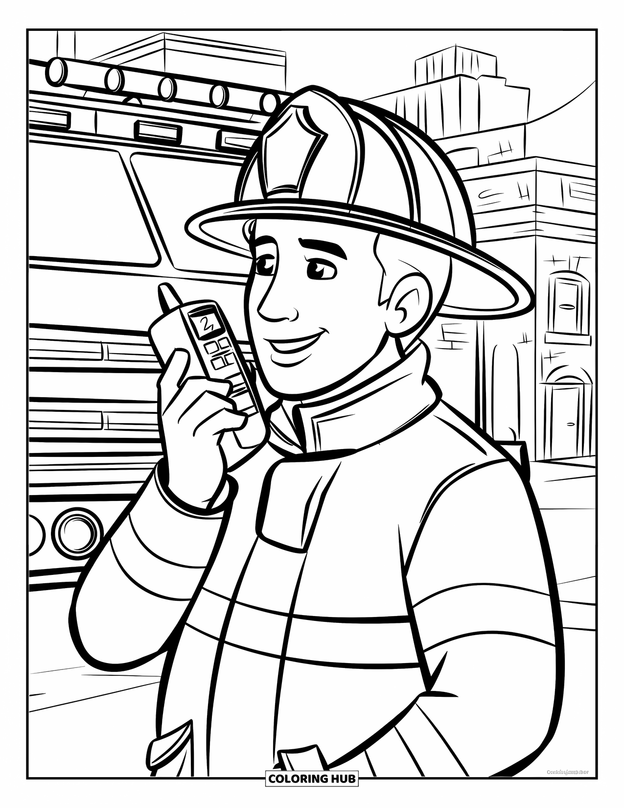 Fireman Coloring Page for Kids: A firefighter stands near his truck, calling for help on his radio