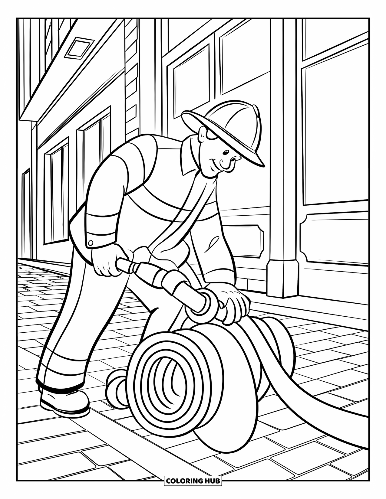 Fireman Coloring Page for Kids: A firefighter unrolls a long hose across the brick city sidewalk