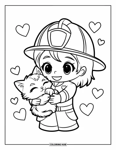 Disegno di pompiere da colorare per bambini: Un allegro pompiere chibi abbraccia con affetto un gattino salvato
