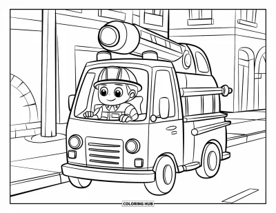 Disegno di pompiere da colorare per bambini: Un allegro pompiere chibi guida il suo piccolo camion dei pompiere sorridendo