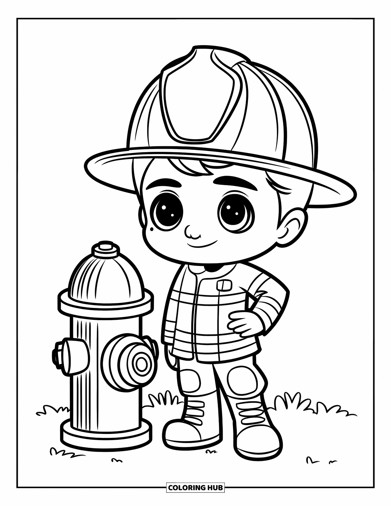 Fireman Coloring Page for Kids: A happy chibi firefighter stands near a hydrant with shiny boots