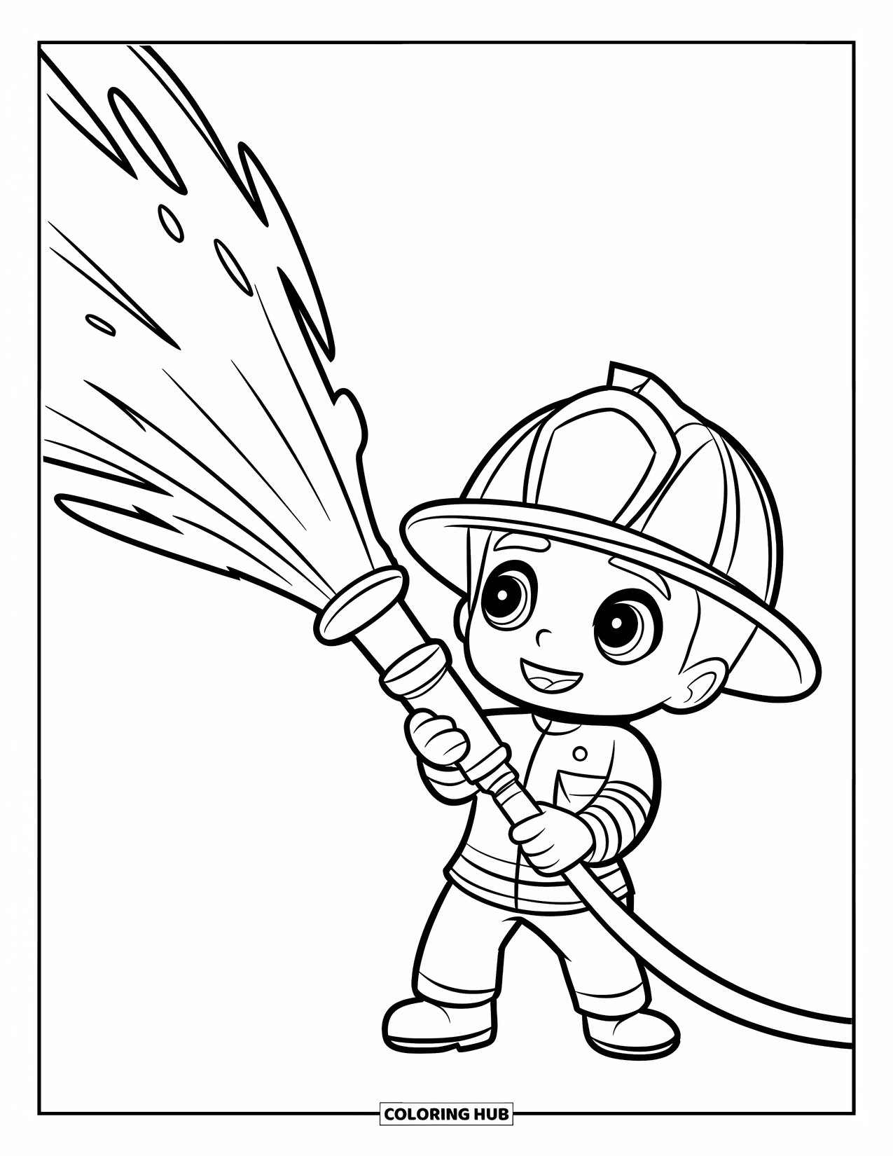 Fireman Coloring Page for Kids: A happy chibi fireman sprays water upward from the ladder