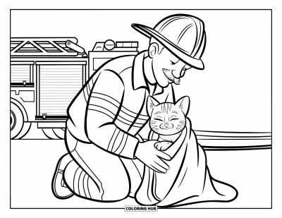 Disegno di pompiere da colorare per bambini: Un pompiere gentile consola un gattino avvolto in sicurezza in un asciugamano