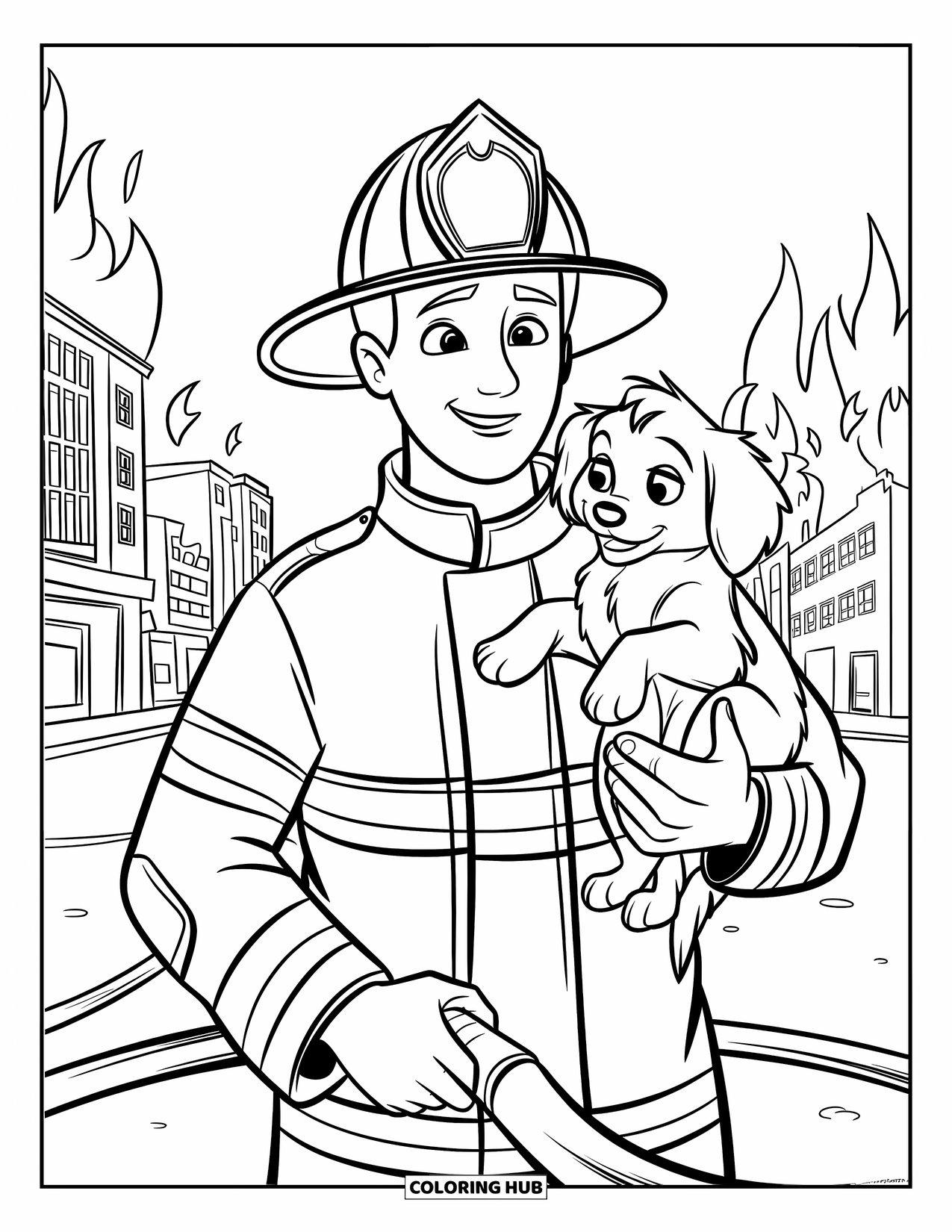 Fireman Coloring Page for Kids: A kind firefighter saves a small puppy from the burning house