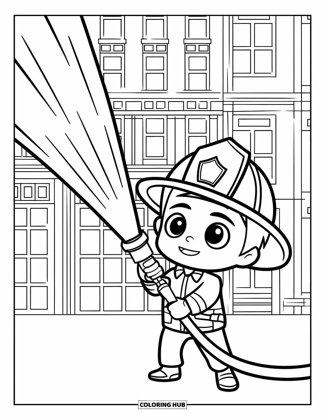 Fireman Coloring Page for Kids: A small firefighter sprays water high above from his big hose