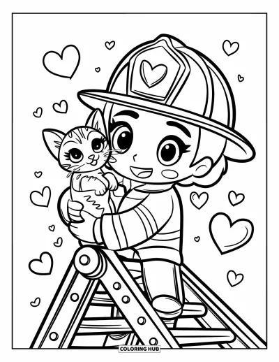 Disegno di pompiere da colorare per bambini: Un dolce pompiere chibi sorride mentre coccola un gattino