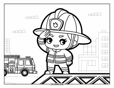 Disegno di pompiere da colorare per bambini: Un piccolo pompiere chibi saluta con un grande casco e un sorriso allegro