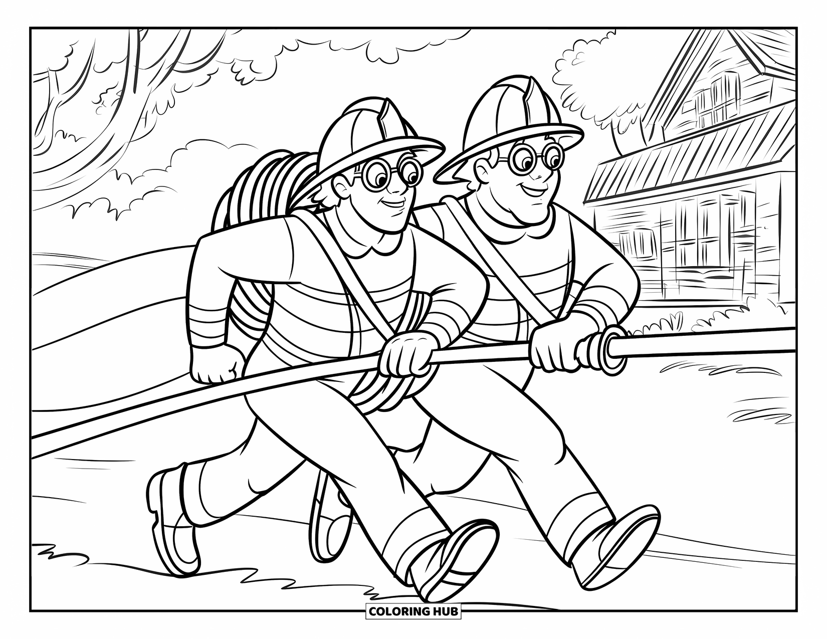 Fireman Coloring Page for Kids: Firefighters rush forward carrying a heavy hose toward the house
