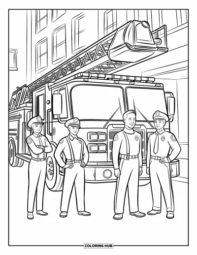 Disegno di pompiere da colorare per bambini: Dei pompiere sono pronti accanto al loro camion in una strada tranquilla