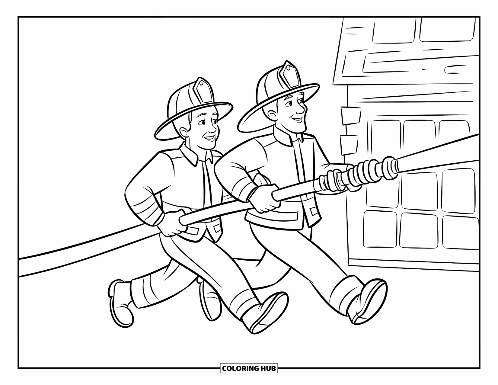 Fireman Coloring Page for Kids: Two firemen run together carrying a long hose toward a burning house