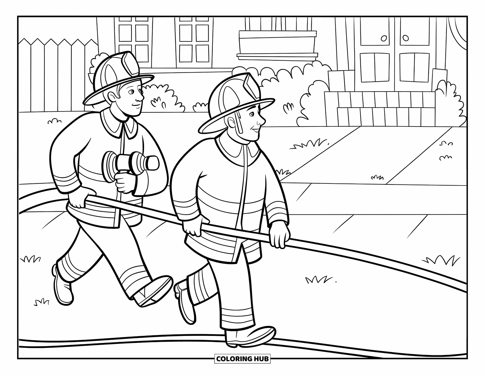 Fireman Coloring Page for Kids: Two firemen sprint toward a home with their hose ready to use