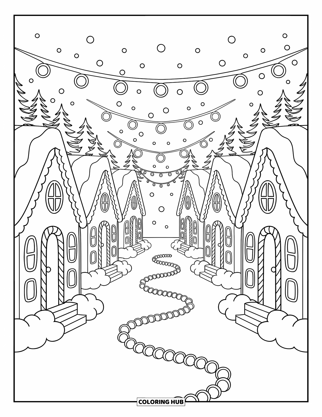 Gingerbread Christmas Coloring Page for Adults: A charming row of candy cottages under softly falling snowflakes