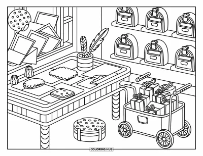 Gingerbread Christmas Coloring Page for Adults: A cheerful gingerbread mailroom with cookie mailboxes and sugary holiday packages