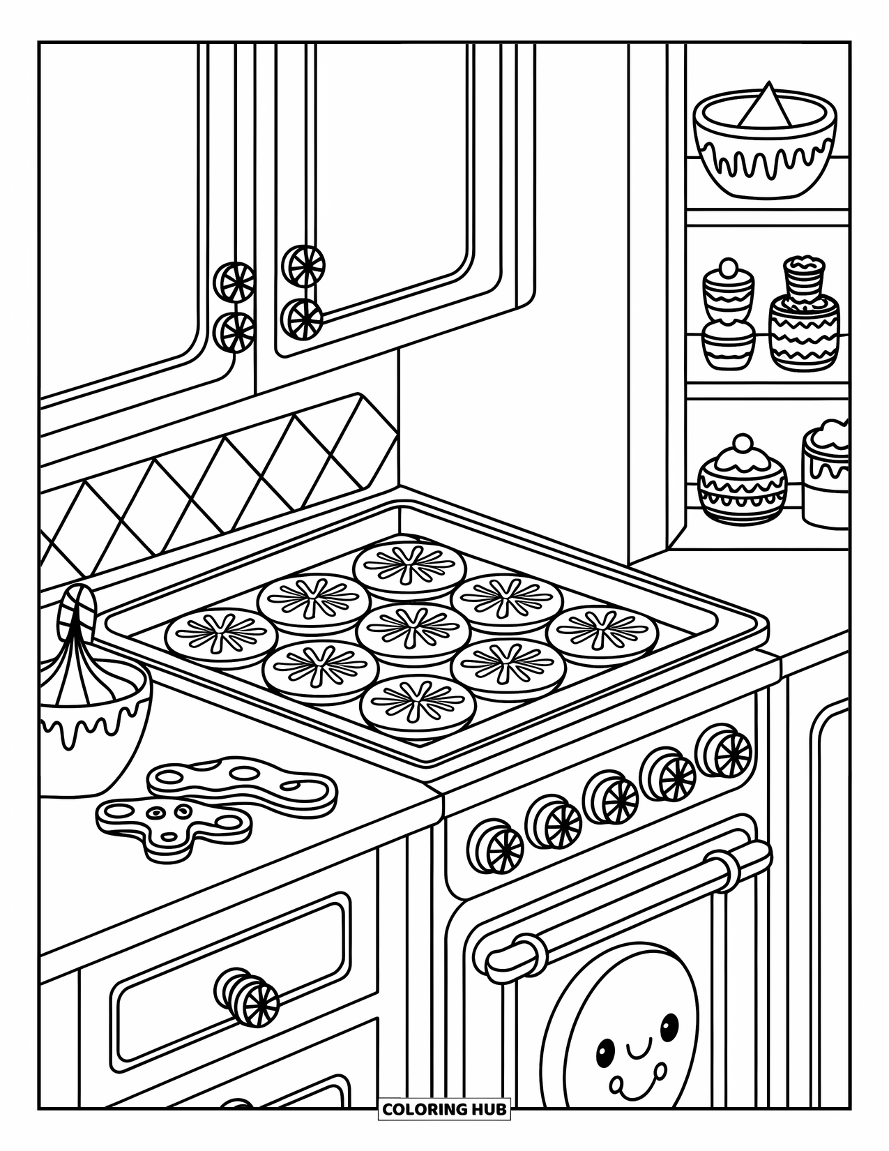 Gingerbread Christmas Coloring Page for Adults: A cozy cookie kitchen with peppermint handles, frosting, and gingerbread trays