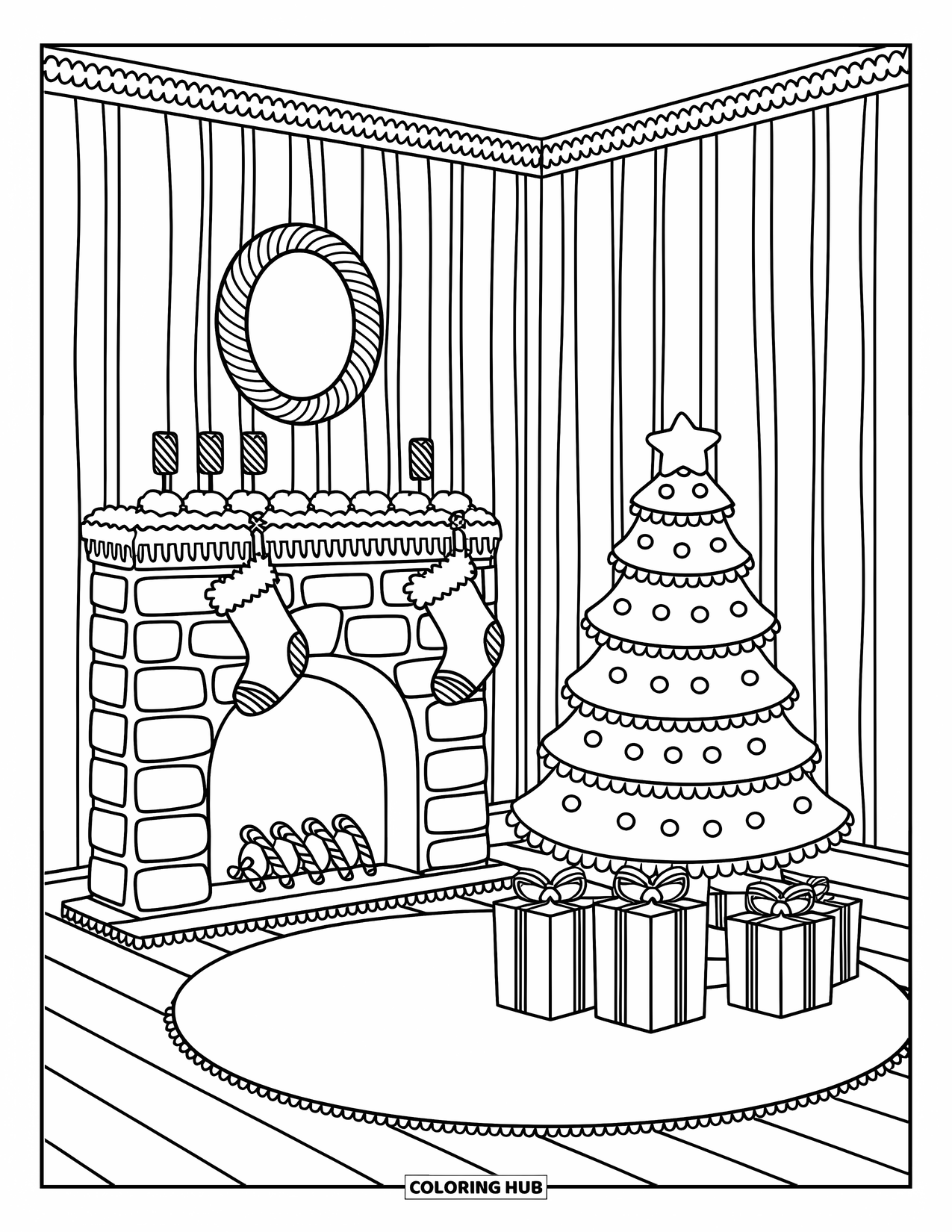 Gingerbread Christmas Coloring Page for Adults: A cozy cookie living room with stockings, presents, and a marshmallow rug