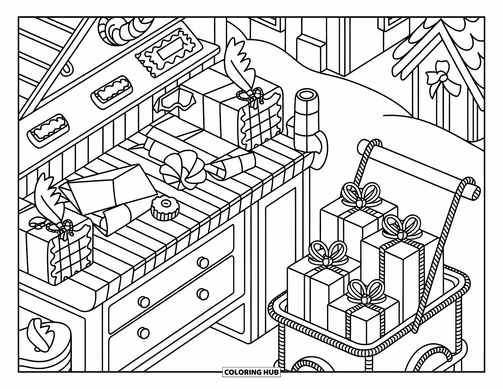 Gingerbread Christmas Coloring Page for Adults: A cozy gingerbread post office overflowing with letters and candy-wrapped parcels