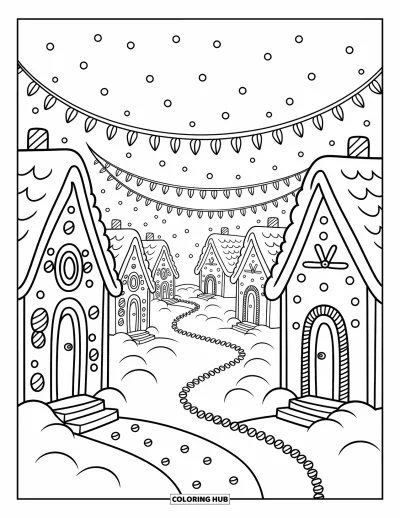 Gingerbread Christmas Coloring Page for Adults: A cozy gingerbread village with frosting roofs and peppermint-lined paths