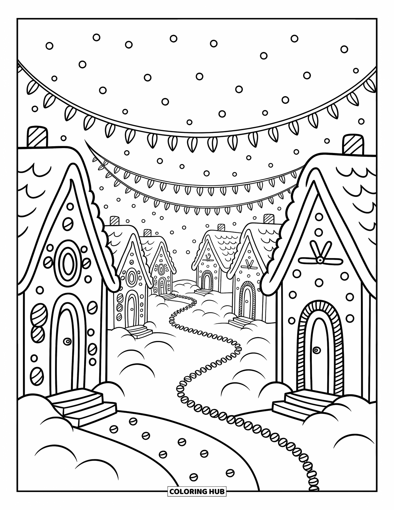 Gingerbread Christmas Coloring Page for Adults: A cozy gingerbread village with frosting roofs and peppermint-lined paths