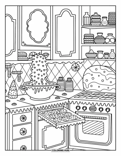 Gingerbread Christmas Coloring Page for Adults: A cute baking scene with cookie trays, icing bowls, and a gumdrop oven