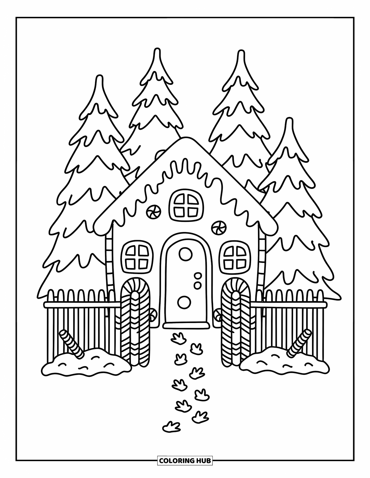 Gingerbread Christmas Coloring Page for Adults: A cute cookie cottage with a candy arch and peppermint-dotted snowdrifts