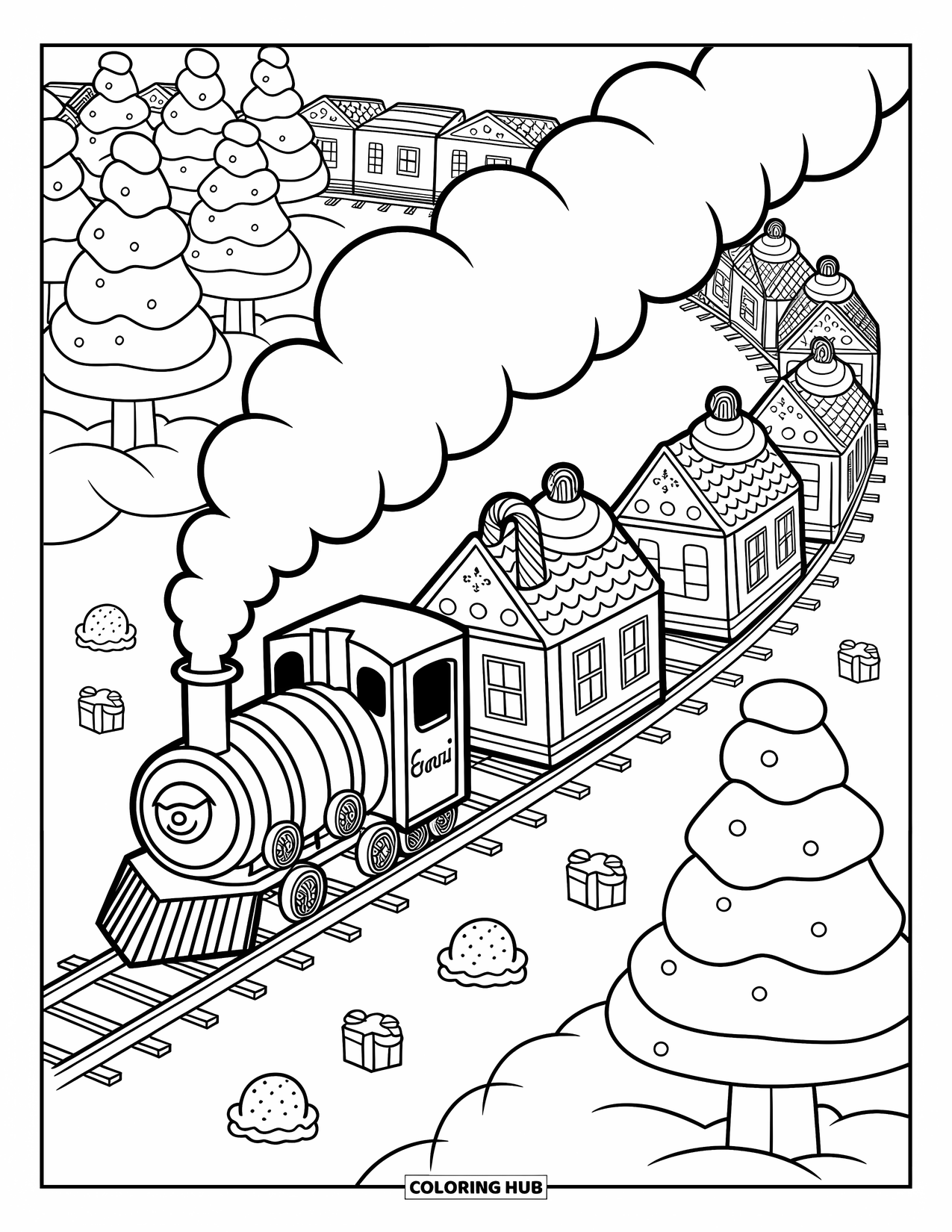 Gingerbread Christmas Coloring Page for Adults: A cute cookie locomotive pulls cars filled with cupcakes and candy canes