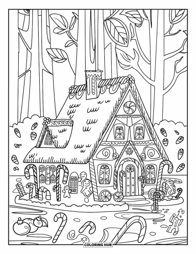 Gingerbread Christmas Coloring Page for Adults: A detailed gingerbread home with candy canes and a forest backdrop