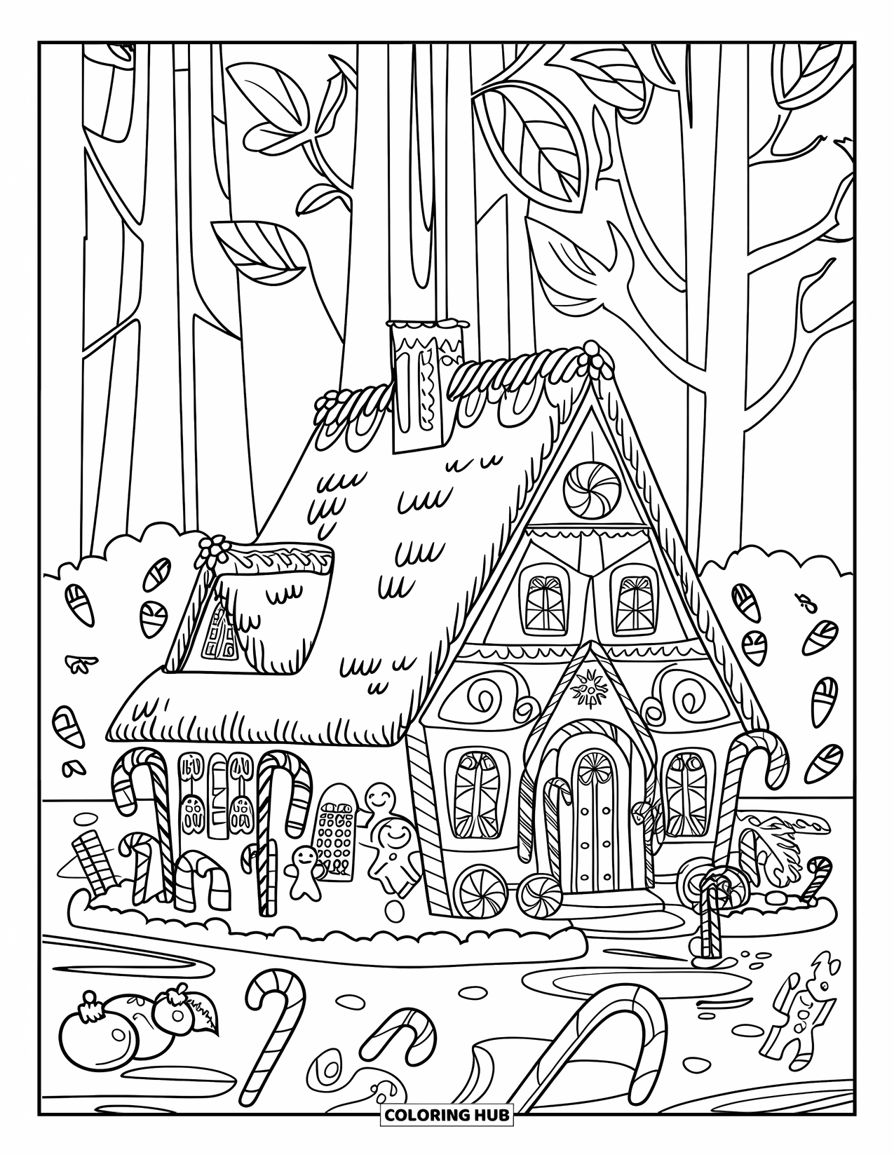 Gingerbread Christmas Coloring Page for Adults: A detailed gingerbread home with candy canes and a forest backdrop