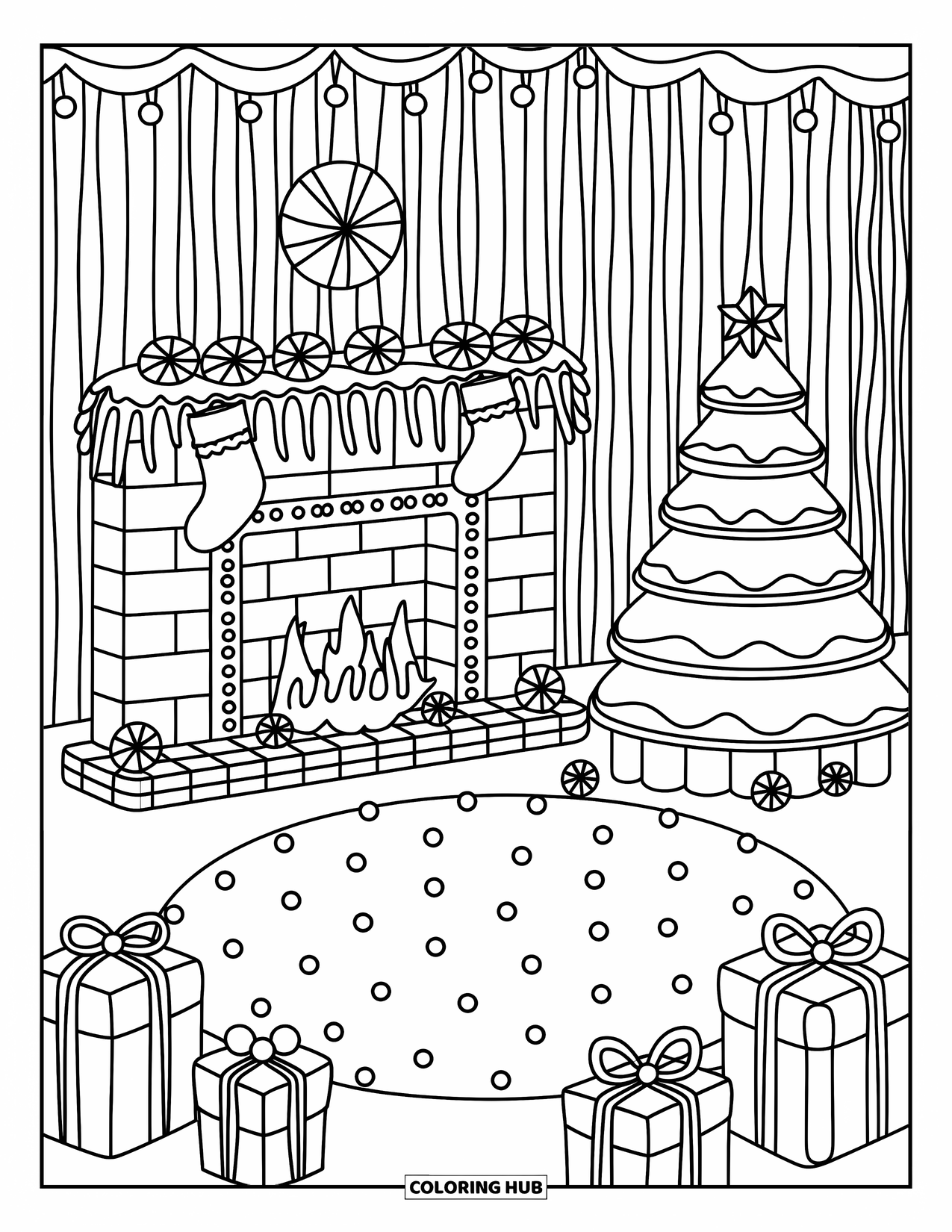 Gingerbread Christmas Coloring Page for Adults: A festive gingerbread home interior with candy walls and a cookie tree