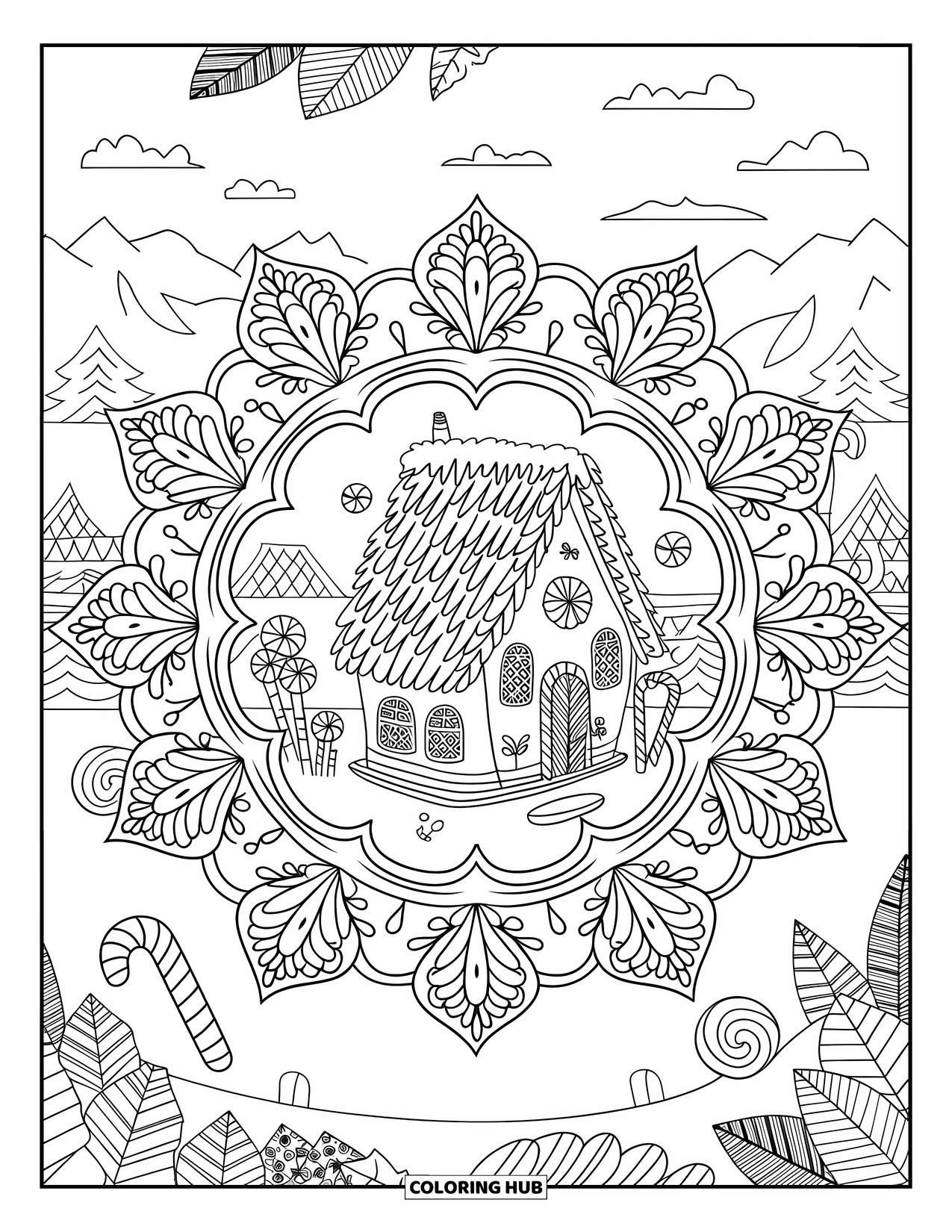 Gingerbread Christmas Coloring Page for Adults: A gingerbread house surrounded by leaves, vines, and floral mandala patterns