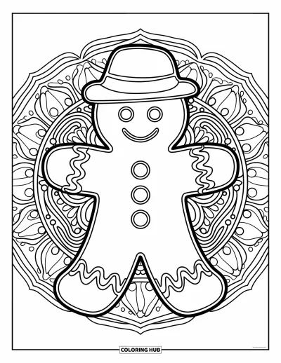 Gingerbread Christmas Coloring Page for Adults: A gingerbread man in a floral mandala with icing and geometric borders