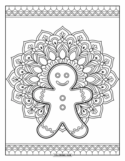 Gingerbread Christmas Coloring Page for Adults: A gingerbread man standing before a detailed floral mandala background