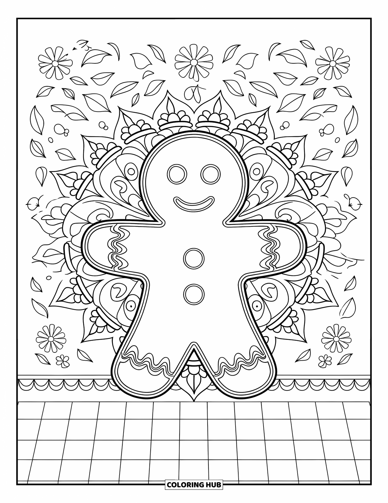 Gingerbread Christmas Coloring Page for Adults: A gingerbread man with icing details framed by flowers and vines