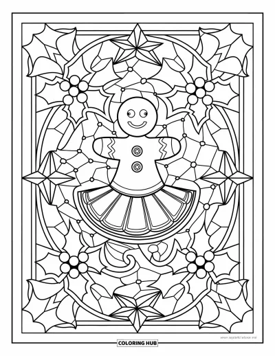 Gingerbread Christmas Coloring Page for Adults: A gingerbread woman framed in a stained-glass pattern of holly and stars