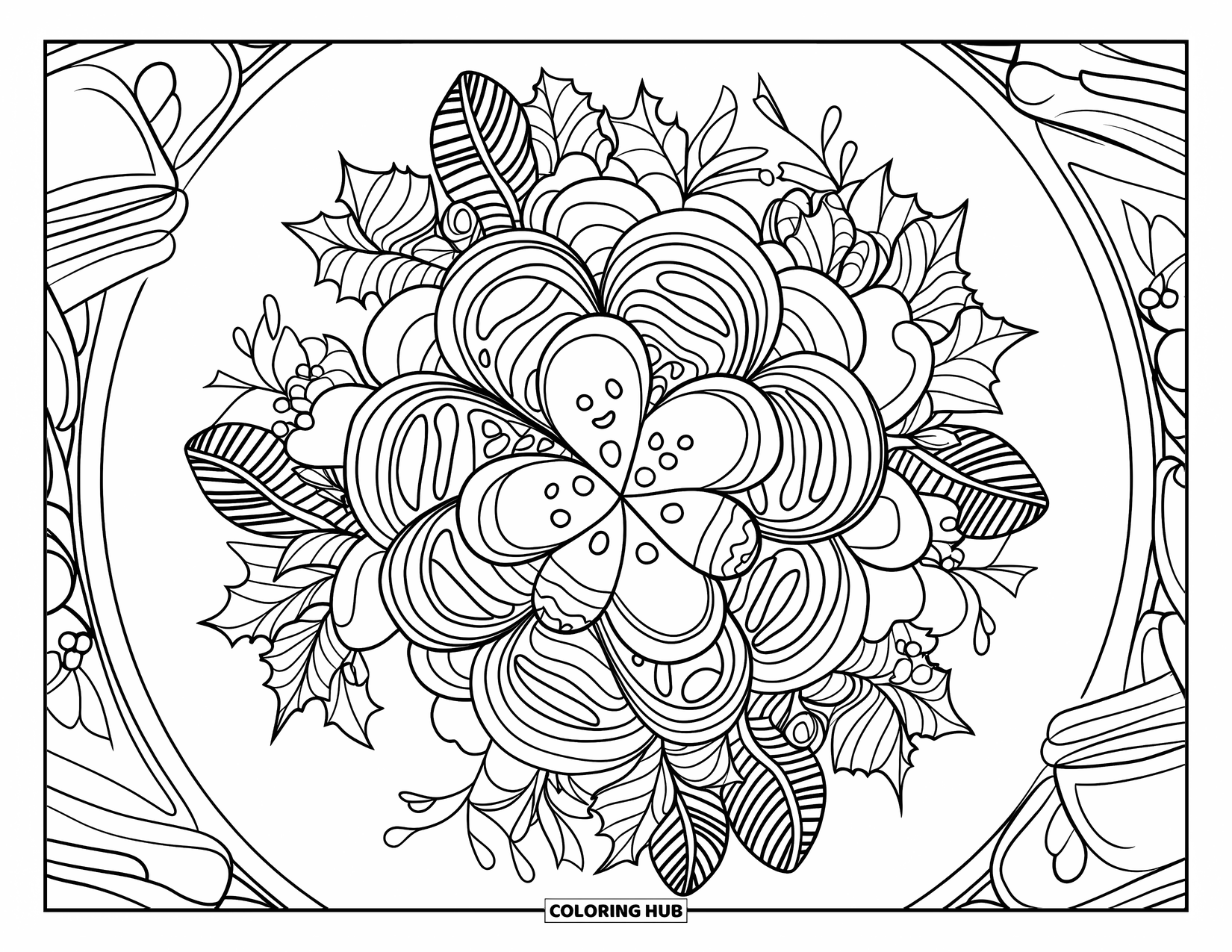 Gingerbread Christmas Coloring Page for Adults: A mandala of gingerbread cookies surrounded by holly, mistletoe, and swirling patterns