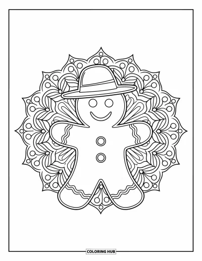 Gingerbread Christmas Coloring Page for Adults: A smiling gingerbread man in front of a swirling floral mandala