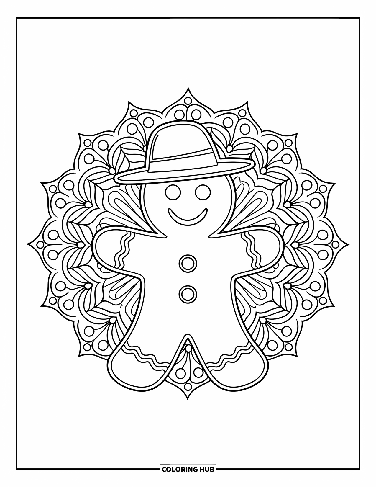 Gingerbread Christmas Coloring Page for Adults: A smiling gingerbread man in front of a swirling floral mandala