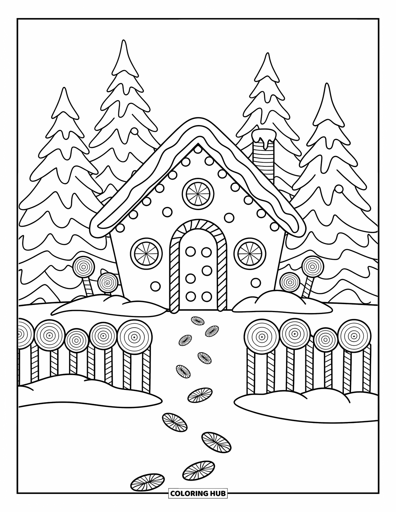 Gingerbread Christmas Coloring Page for Adults: A snowy gingerbread house scene with frosting trees and a gumdrop door