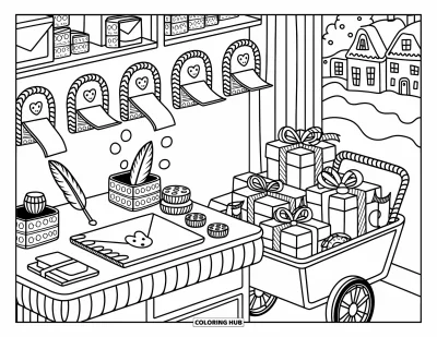 Gingerbread Christmas Coloring Page for Adults: A tiny gingerbread mailroom filled with cookie letters, candy stamps, and sweet parcels
