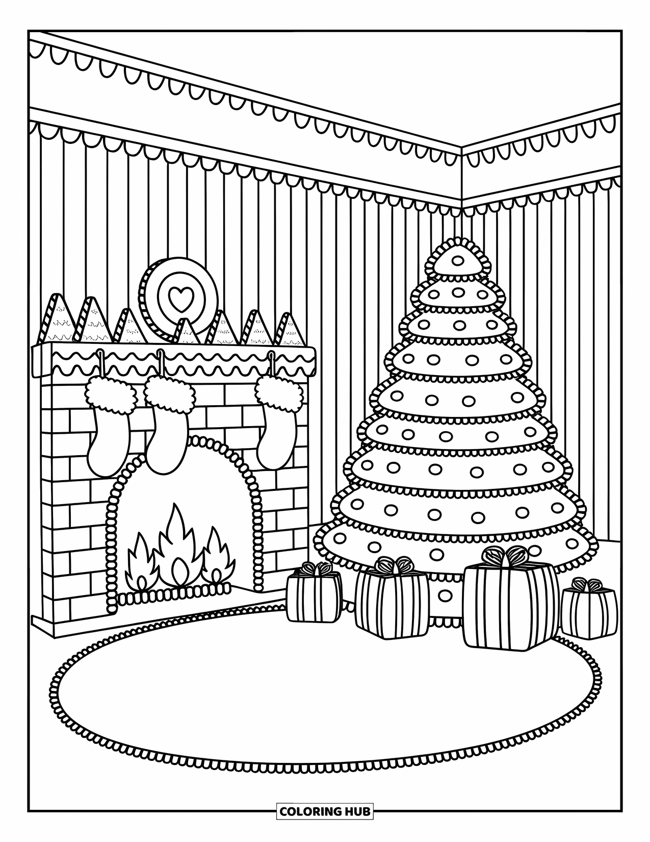Gingerbread Christmas Coloring Page for Adults: A warm gingerbread living room filled with sweet holiday decorations