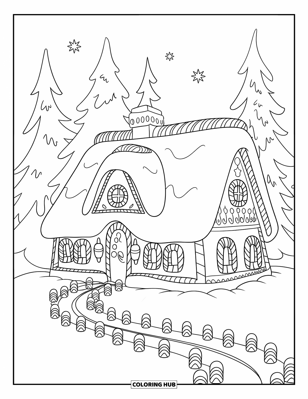 Gingerbread Christmas Coloring Page for Kids: A candy cottage surrounded by snow, stars, and festive trees