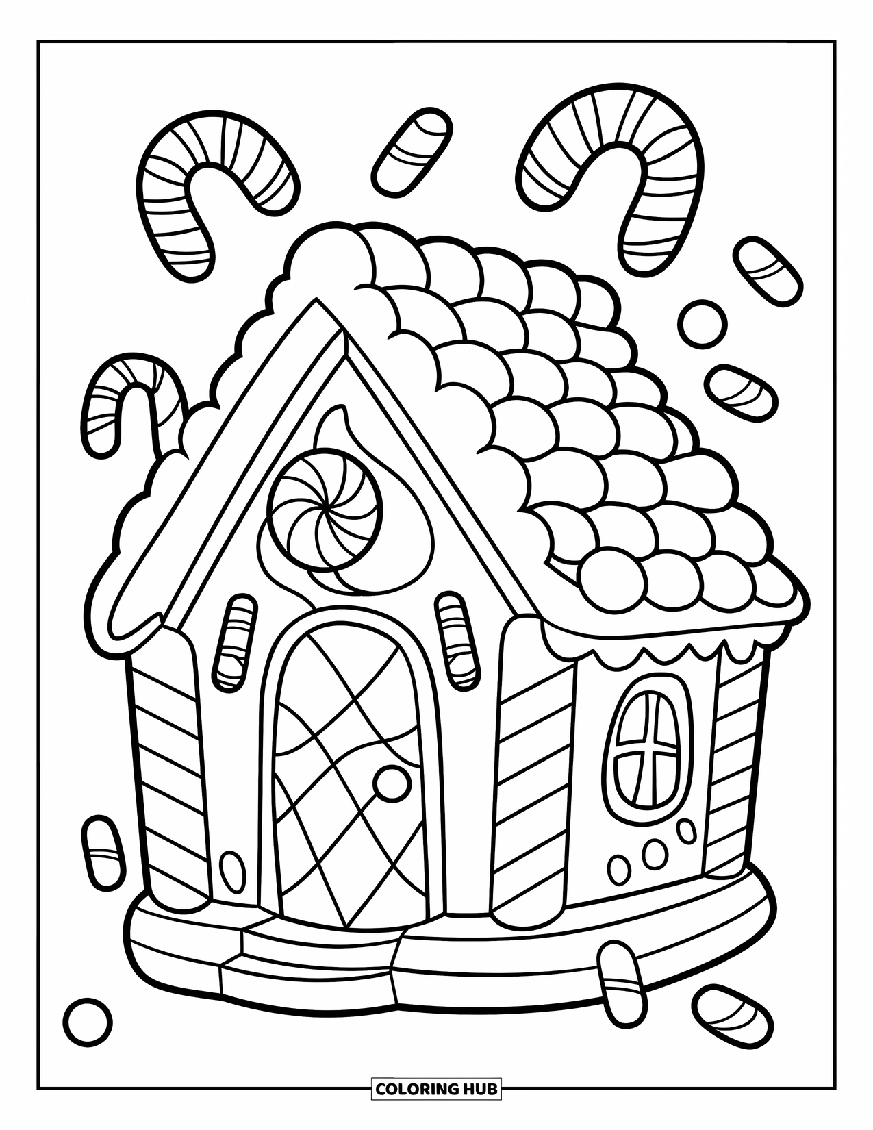 Gingerbread Christmas Coloring Page for Kids: A candy cottage with bold candy canes and gumdrops all around