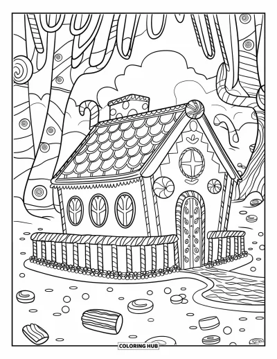 Gingerbread Christmas Coloring Page for Kids: A candy-covered gingerbread house rests among lollipop trees