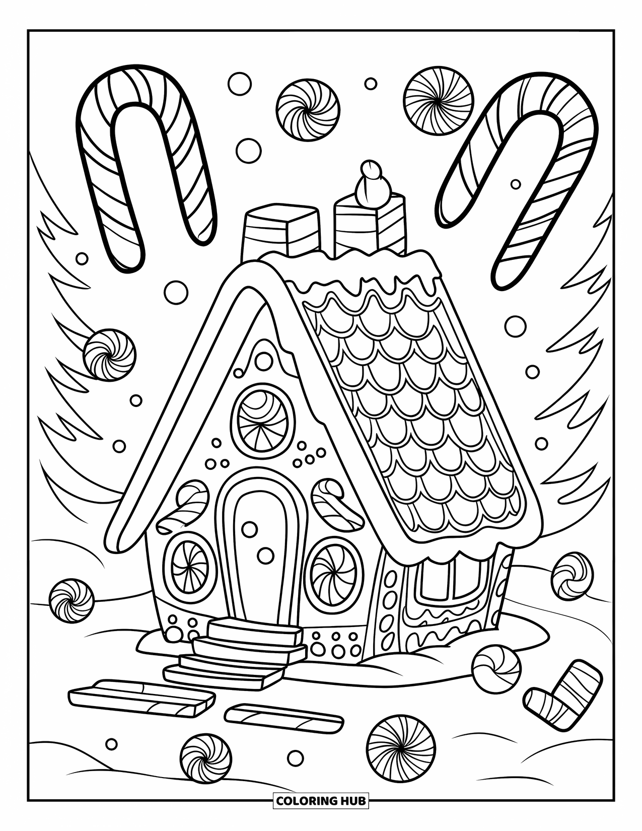 Gingerbread Christmas Coloring Page for Kids: A candy wonderland with a gingerbread home and sweet trees
