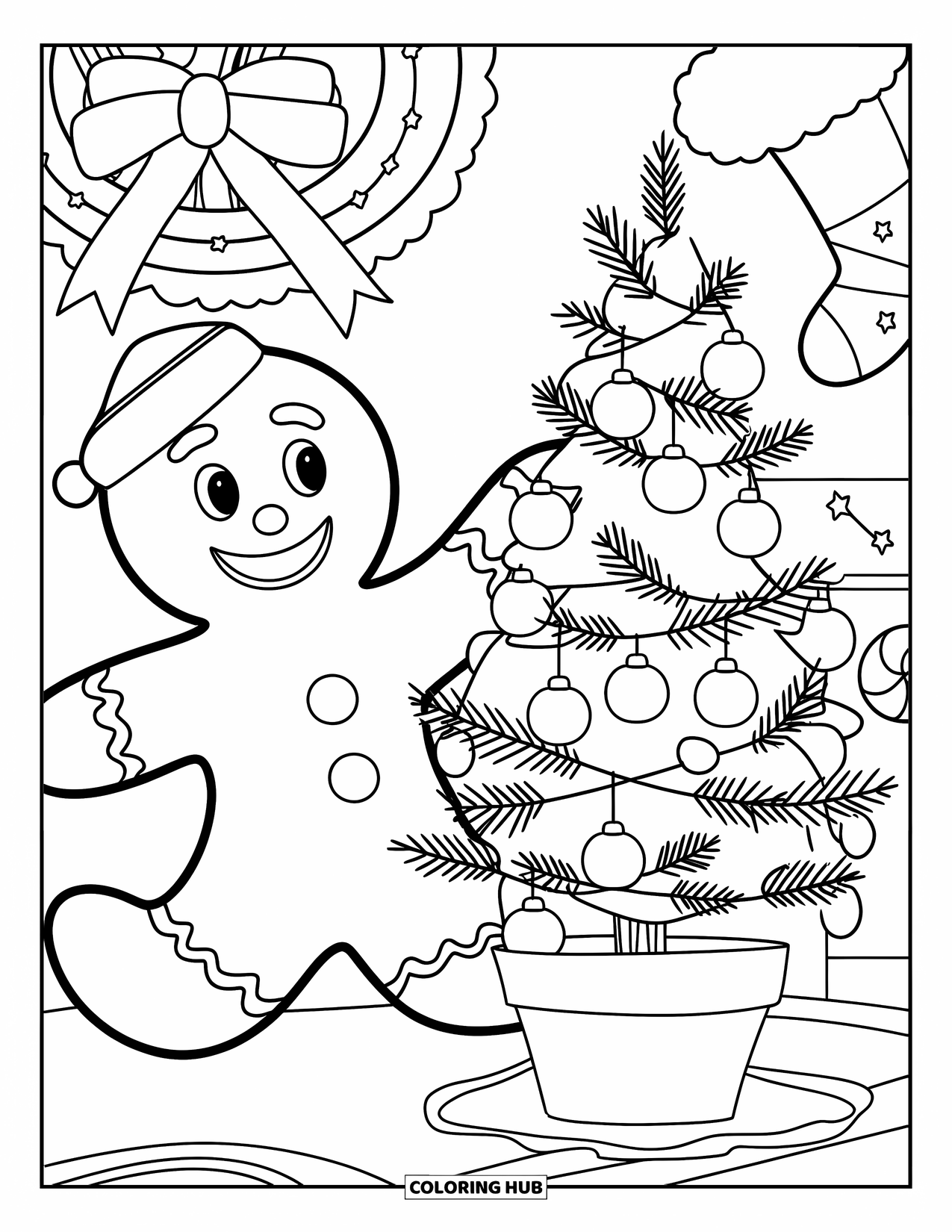 Gingerbread Christmas Coloring Page for Kids: A cheerful baker decorates a gumdrop tree beside a festive wreath