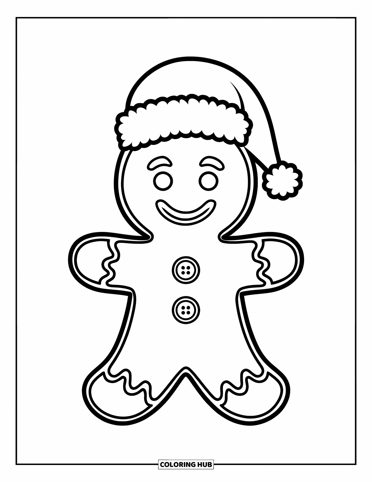 Gingerbread Christmas Coloring Page for Kids: A cheerful gingerbread cookie wearing a Santa hat and buttons
