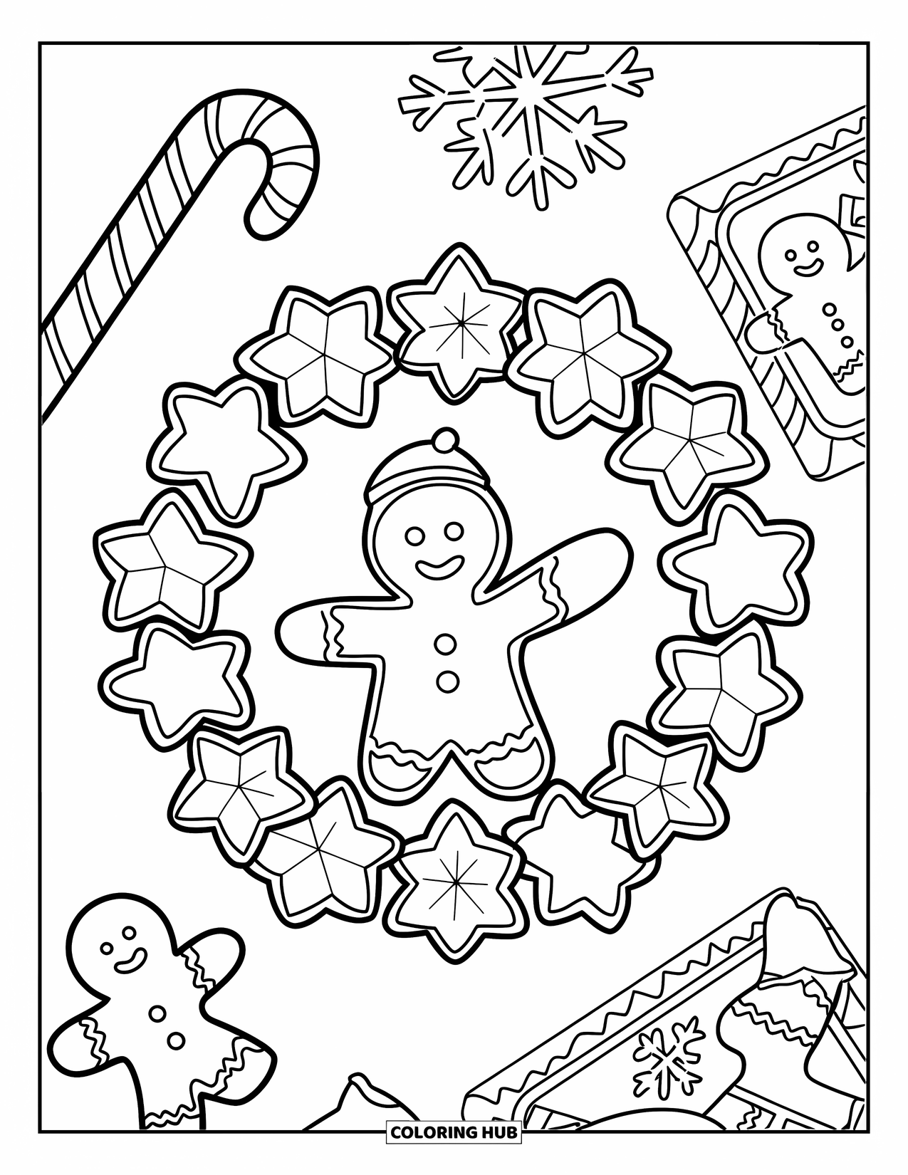 Gingerbread Christmas Coloring Page for Kids: A cheerful gingerbread decorator adds stars to a cookie wreath
