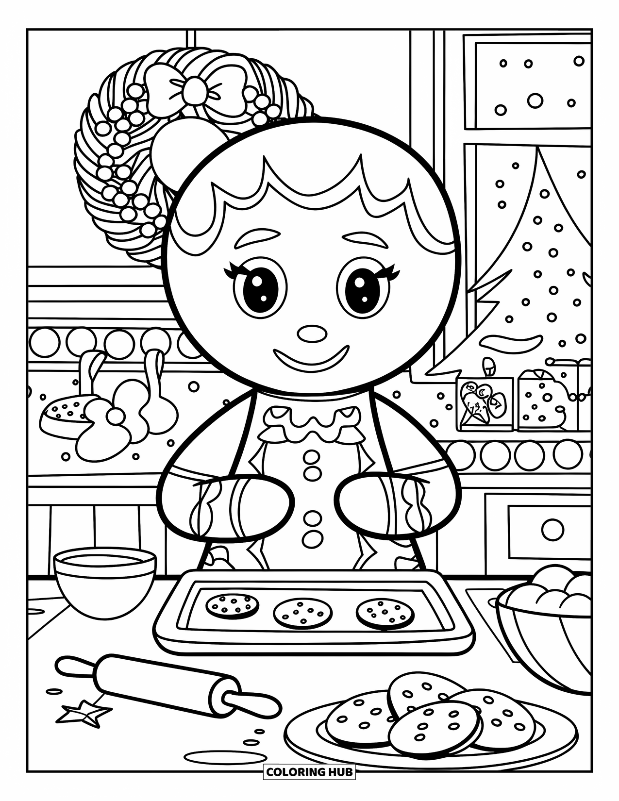 Gingerbread Christmas Coloring Page for Kids: A cheerful gingerbread girl rolls dough in a holiday kitchen