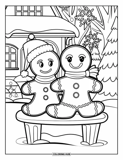 Gingerbread Christmas Coloring Page for Kids: A cozy gingerbread couple watches snowfall beside a snowy cottage